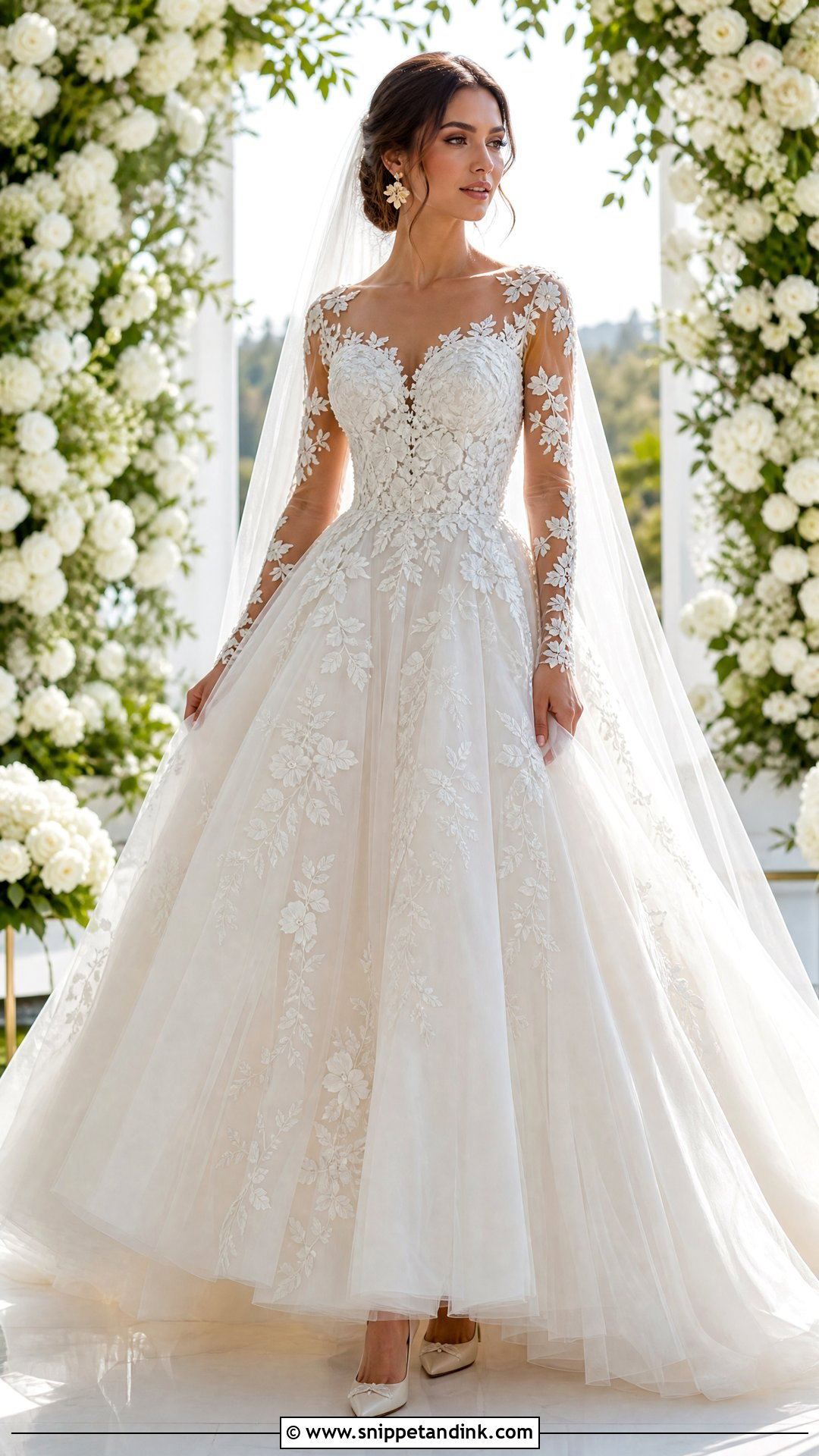 Floral Applique Ballgown Wedding Dress With Sleeves - Snippet and Ink - 25 Ballgown Wedding Dress with Sleeves