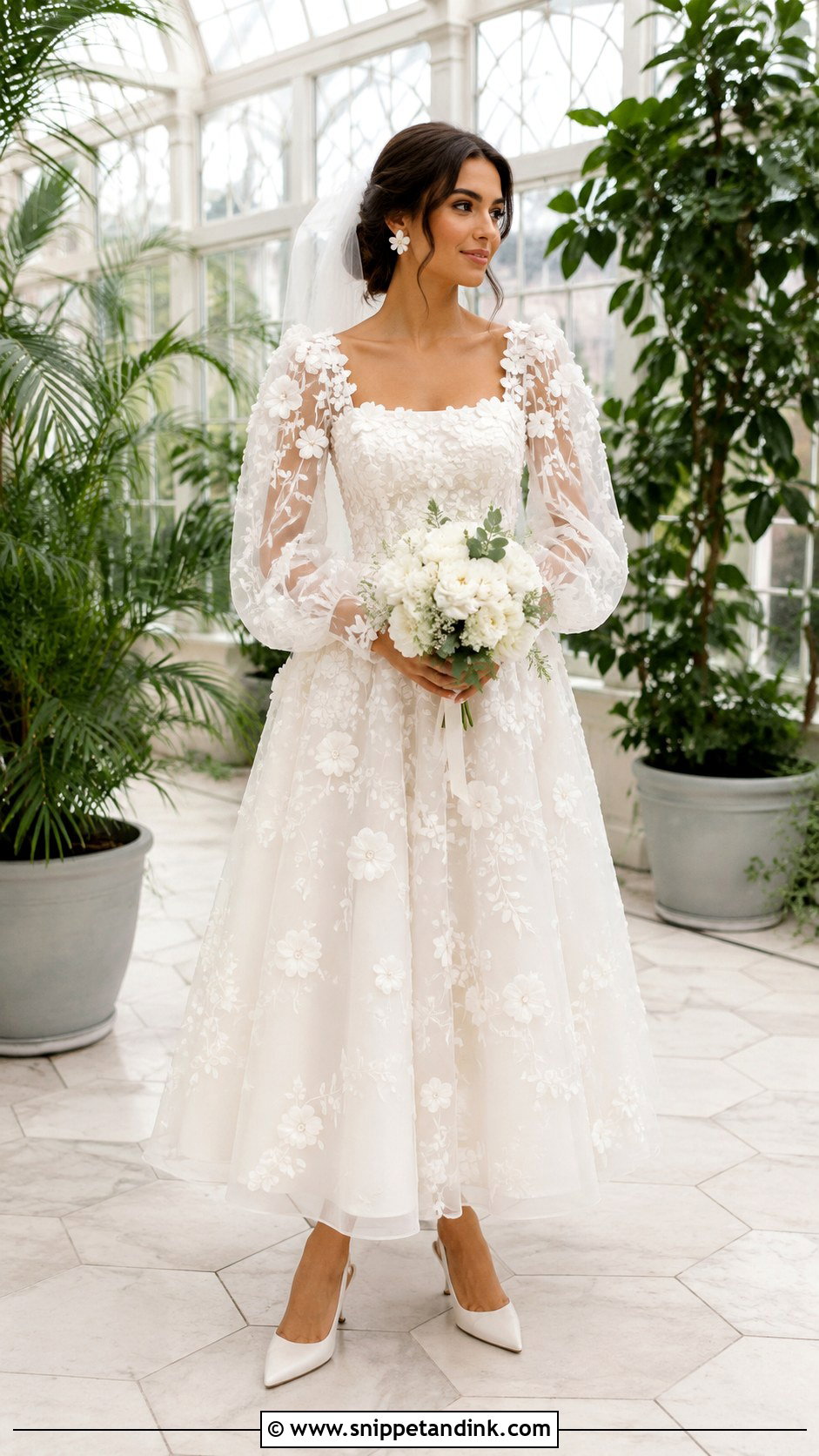 Floral Applique Balloon Sleeve Wedding Dress - Snippet and Ink - 20 Balloon Sleeve Wedding Dress Ideas