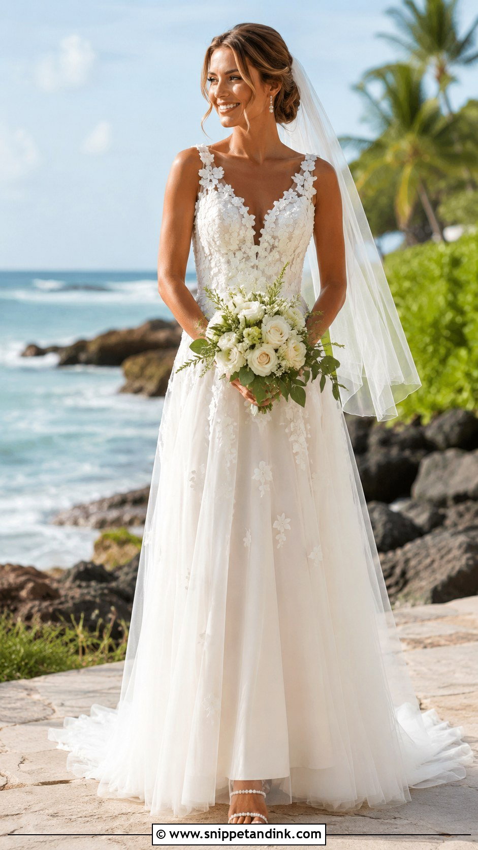 Floral Applique Beach Wedding Dress - Snippet and Ink - 20 Destination Wedding Dress Beach Ideas