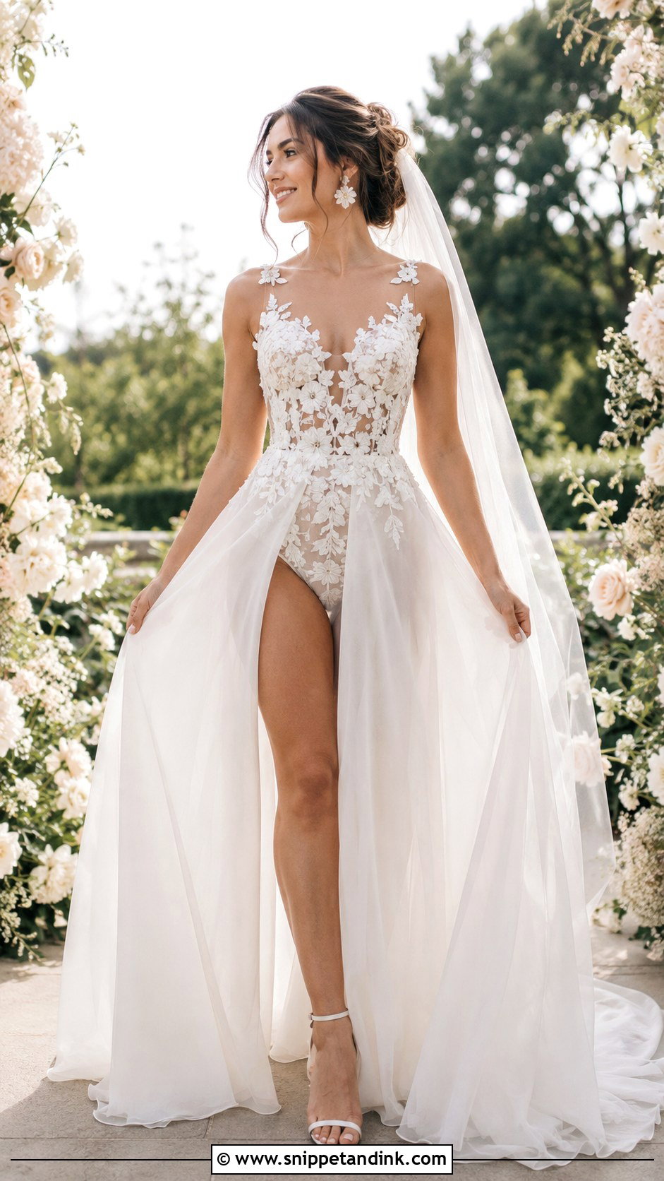 Floral Applique Bridal Bodysuit With Organza Skirt - Snippet and Ink - 20 Bridal Bodysuit Ideas