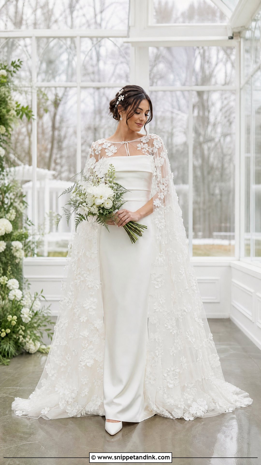 Floral Applique Bridal Cape With Off Shoulder Gown - Snippet and Ink - 20 Winter Bridal Cape Ideas