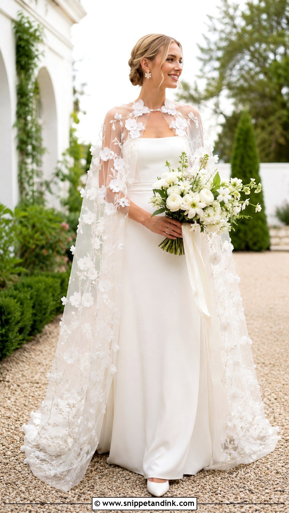 Floral Applique Bridal Cloak With Simple Crepe Gown - Snippet and Ink - 20 Bridal Cloak Ideas