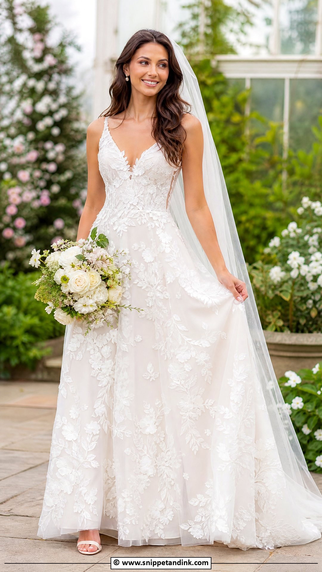 Floral Applique Bridal Gown With Sheer Veil - Snippet and Ink - 35 Bridal Gown Ideas