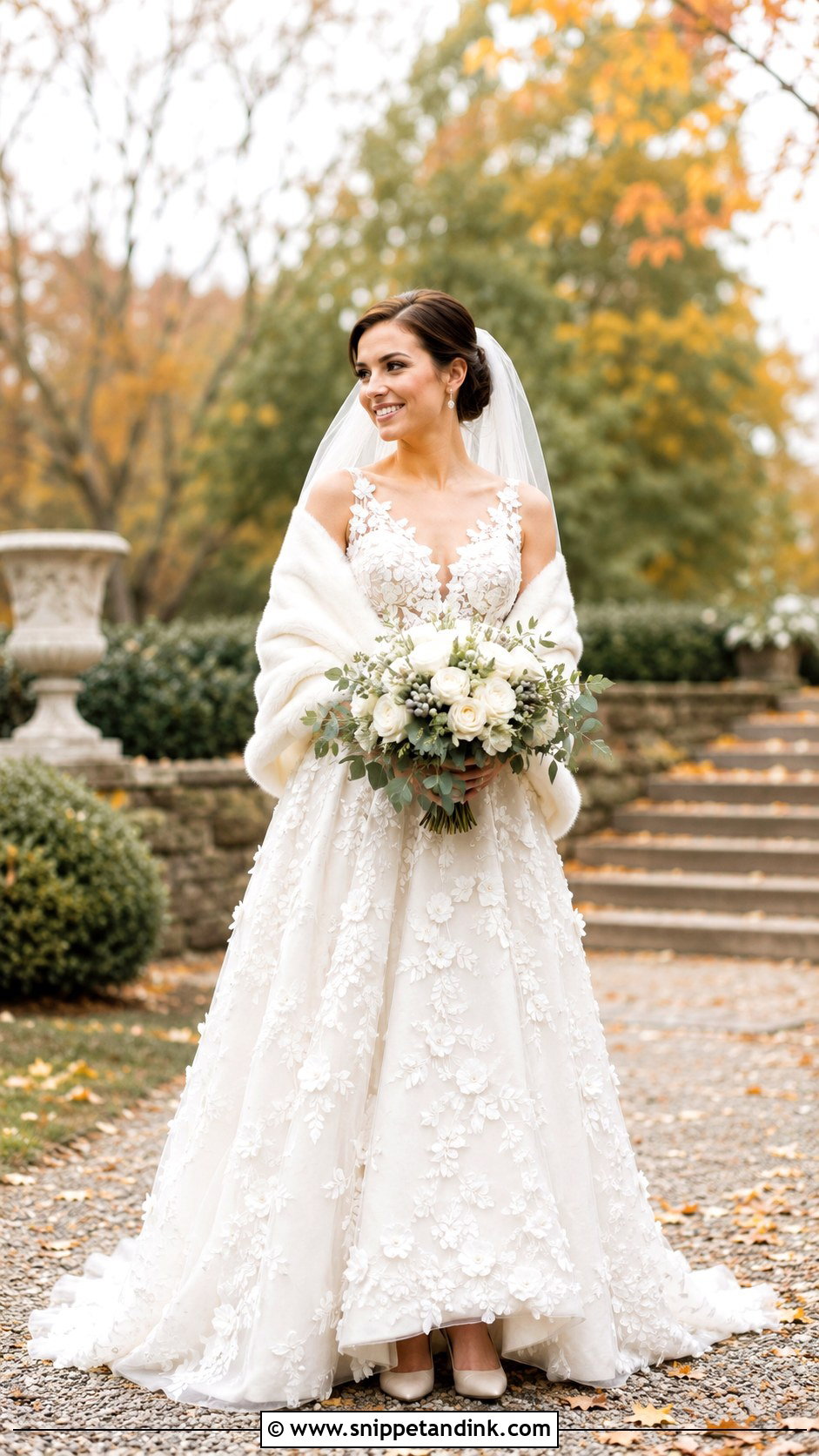 Floral Applique Bridal Gown With Veil - Snippet and Ink - 20 Fall Bridal Outfits