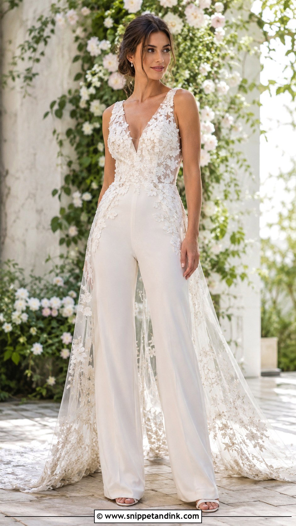 Floral Applique Bridal Jumpsuit With Train - Snippet and Ink - 25 Bridal Jumpsuit with Train Ideas
