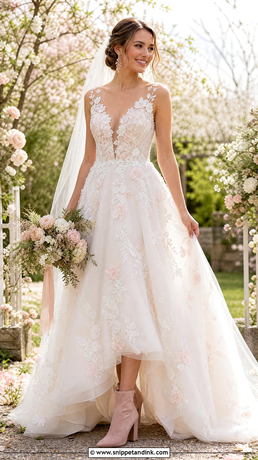 Floral Applique Bride Dress With Blush Ankle Boots - Snippet and Ink - 20 Bride with Boots Ideas