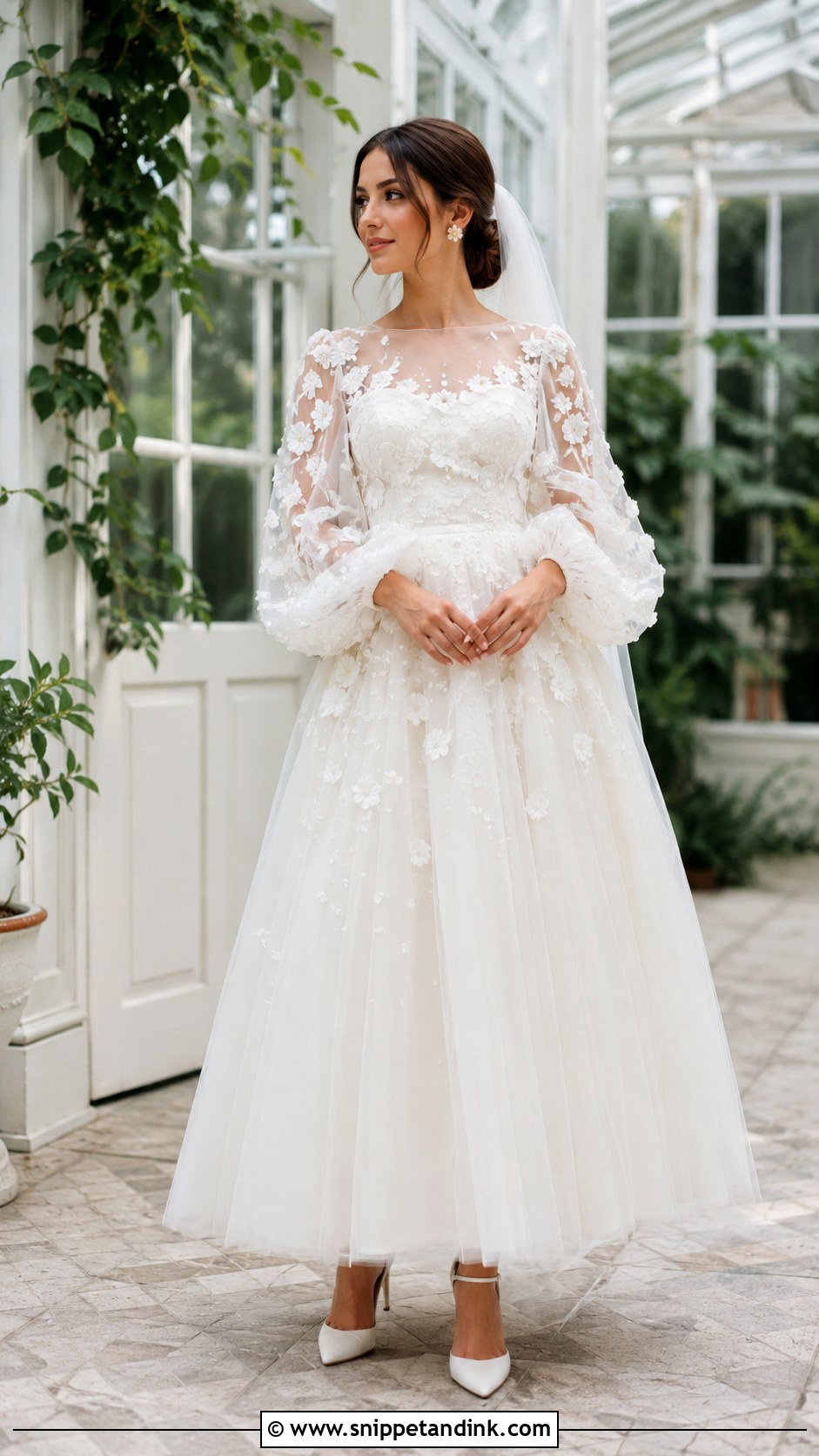 Floral Applique Bubble Sleeve Wedding Dress - Snippet and Ink - 20 Bubble Sleeve Wedding Dress Ideas
