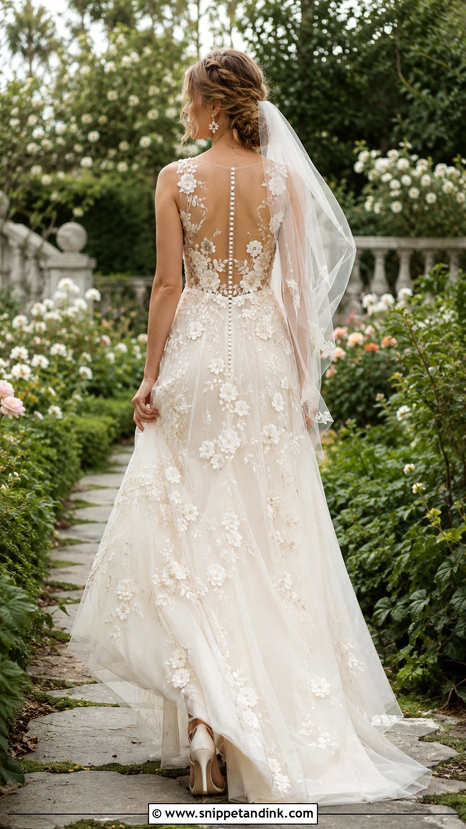 Floral Applique Button Back Wedding Dress - Snippet and Ink - 20 Button Back Wedding Dress Ideas