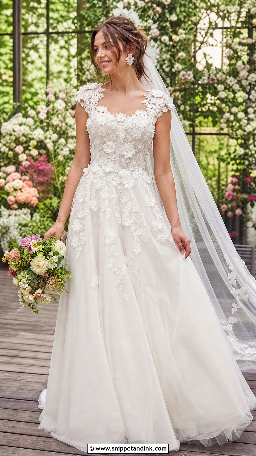 Floral Applique Cap Sleeve Wedding Dress - Snippet and Ink - 20 Wedding Dresses Cap Sleeves