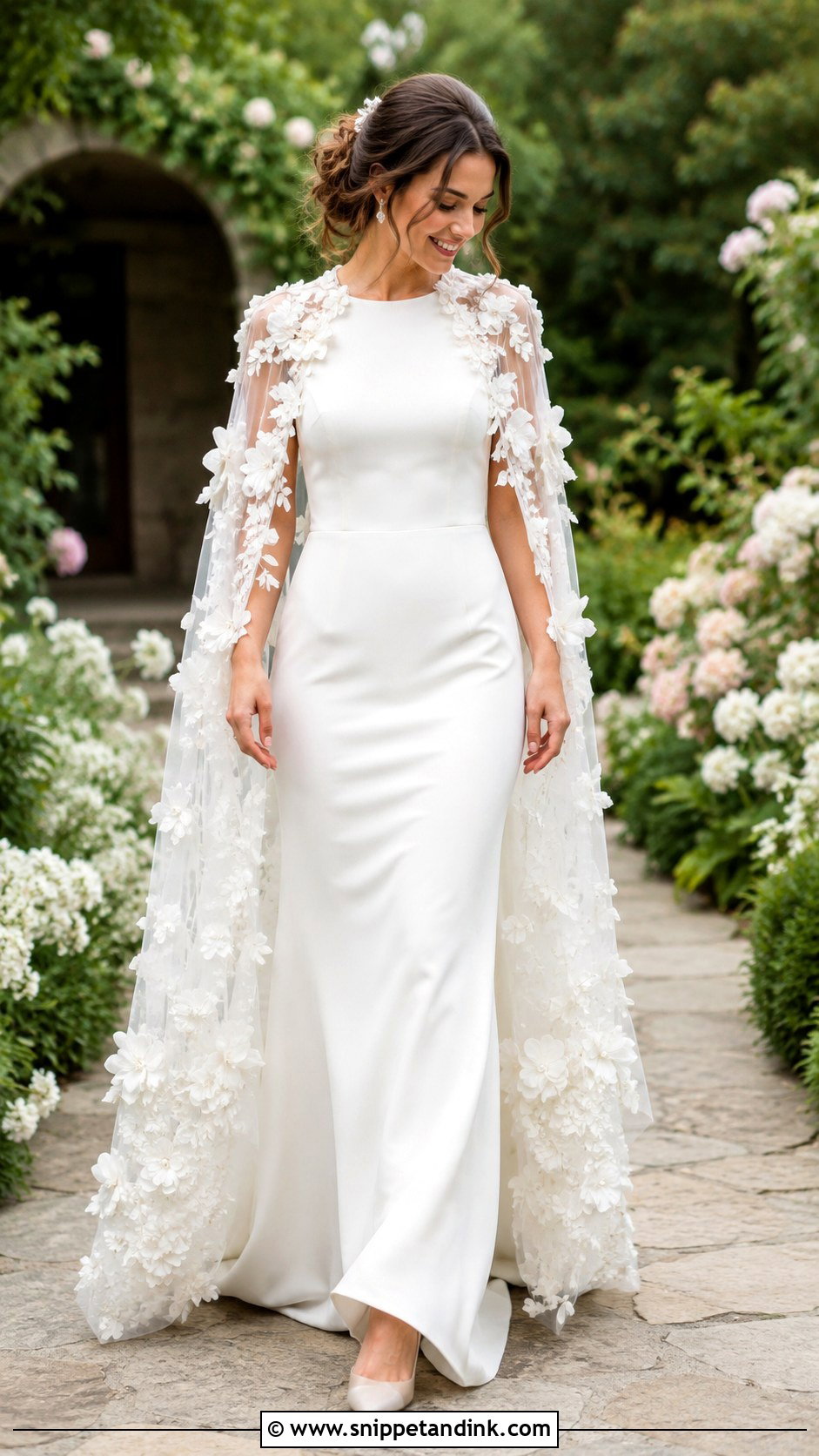 Floral Applique Cape With Garden Wedding Dress - Snippet and Ink - 25 Wedding Dress Coverup Ideas