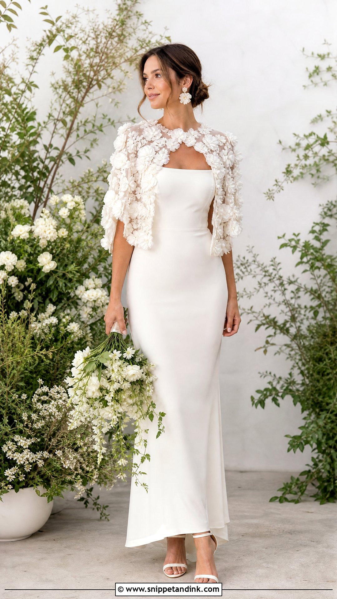 Floral Applique Capelet With Crepe Wedding Dress - Snippet and Ink - 20 Wedding Dress Capelet Ideas