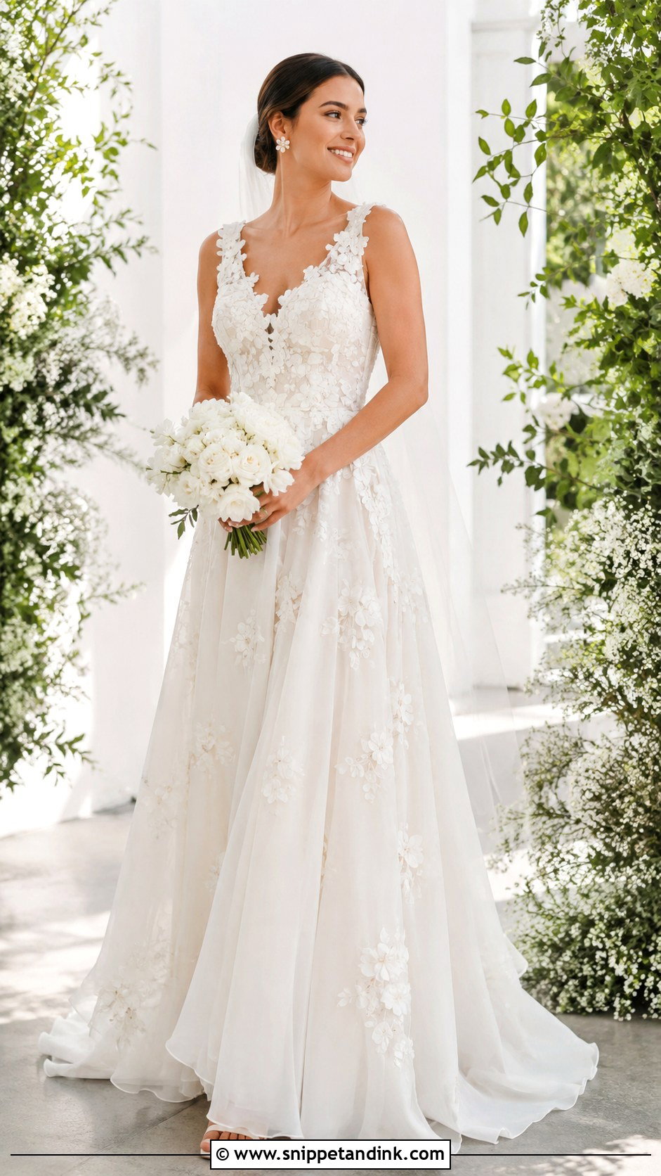 Floral Applique Chiffon Wedding Dress - Snippet and Ink - 20 Flowy Chiffon Wedding Dress Ideas