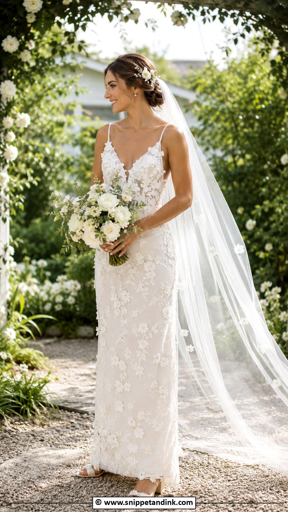 Floral Applique Column Wedding Dress - Snippet and Ink - 25 Column Wedding Dress Ideas