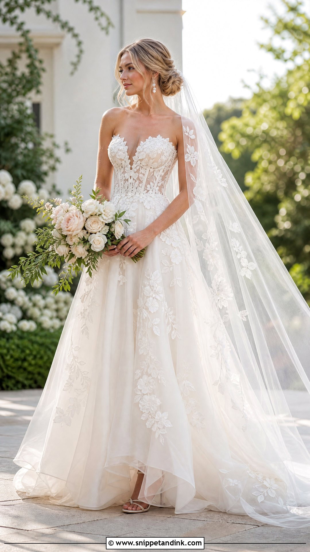 Floral Applique Corset Wedding Dress With Matching Veil - Snippet and Ink - 20 Timeless Corset Wedding Dress Ideas