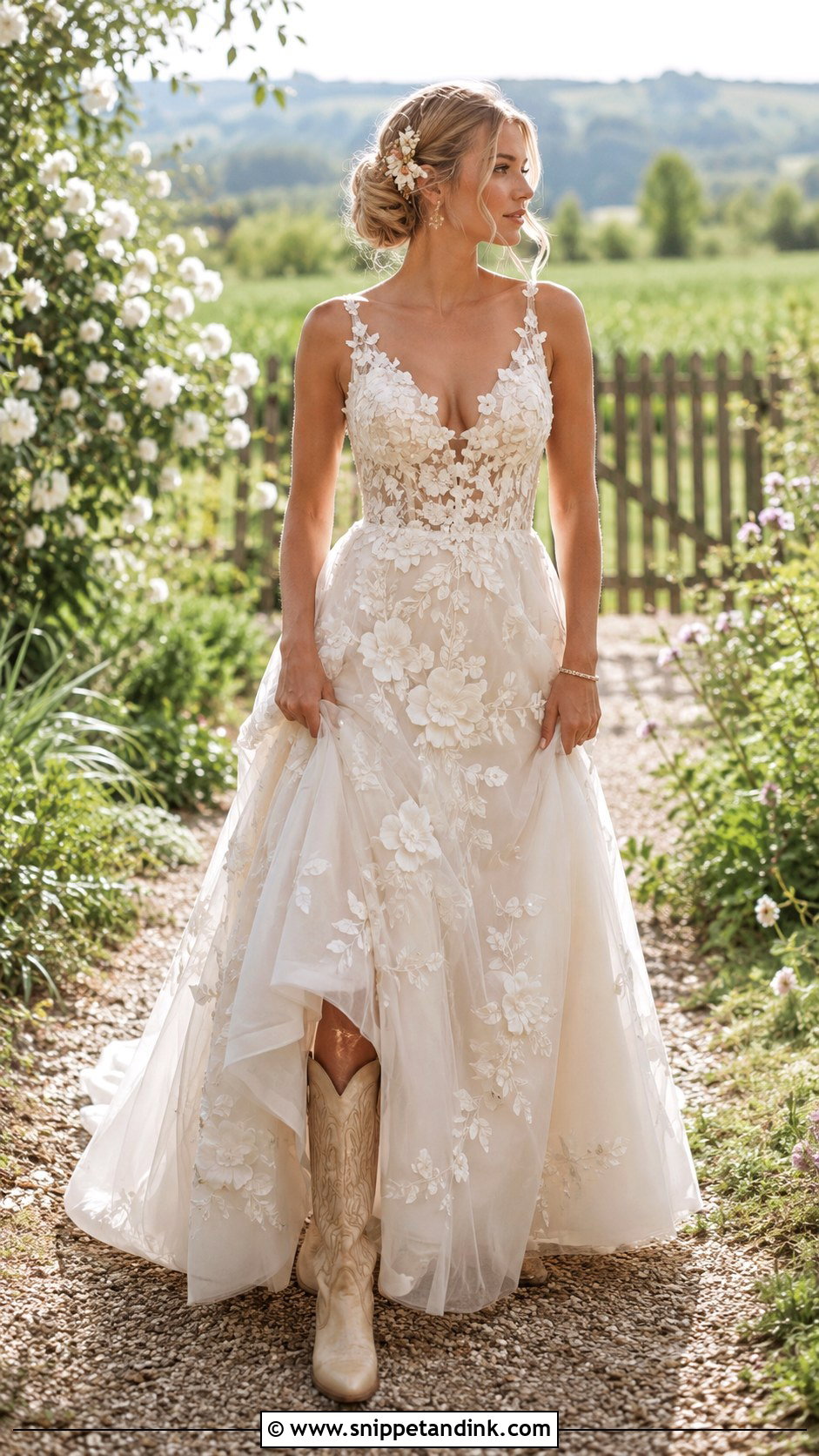 Floral Applique Country Wedding Gown With Neutral Boots - Snippet and Ink - 20 Country Wedding Gowns