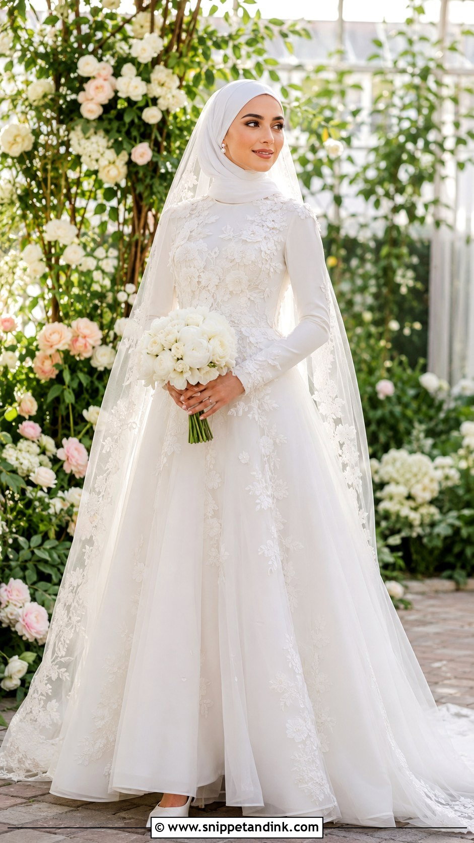 Floral Applique Dress With Bridal Hijab - Snippet and Ink - 20 Bridal with Hijab Ideas