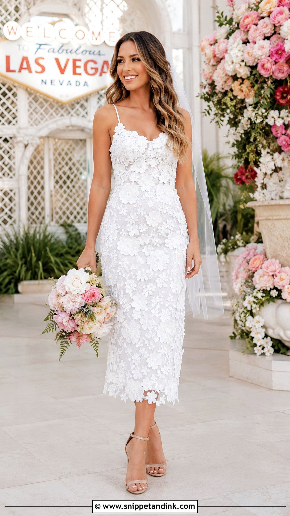 Floral Applique Dress With Nude Heels - Snippet and Ink - 30 Vegas Elopement Dress Ideas
