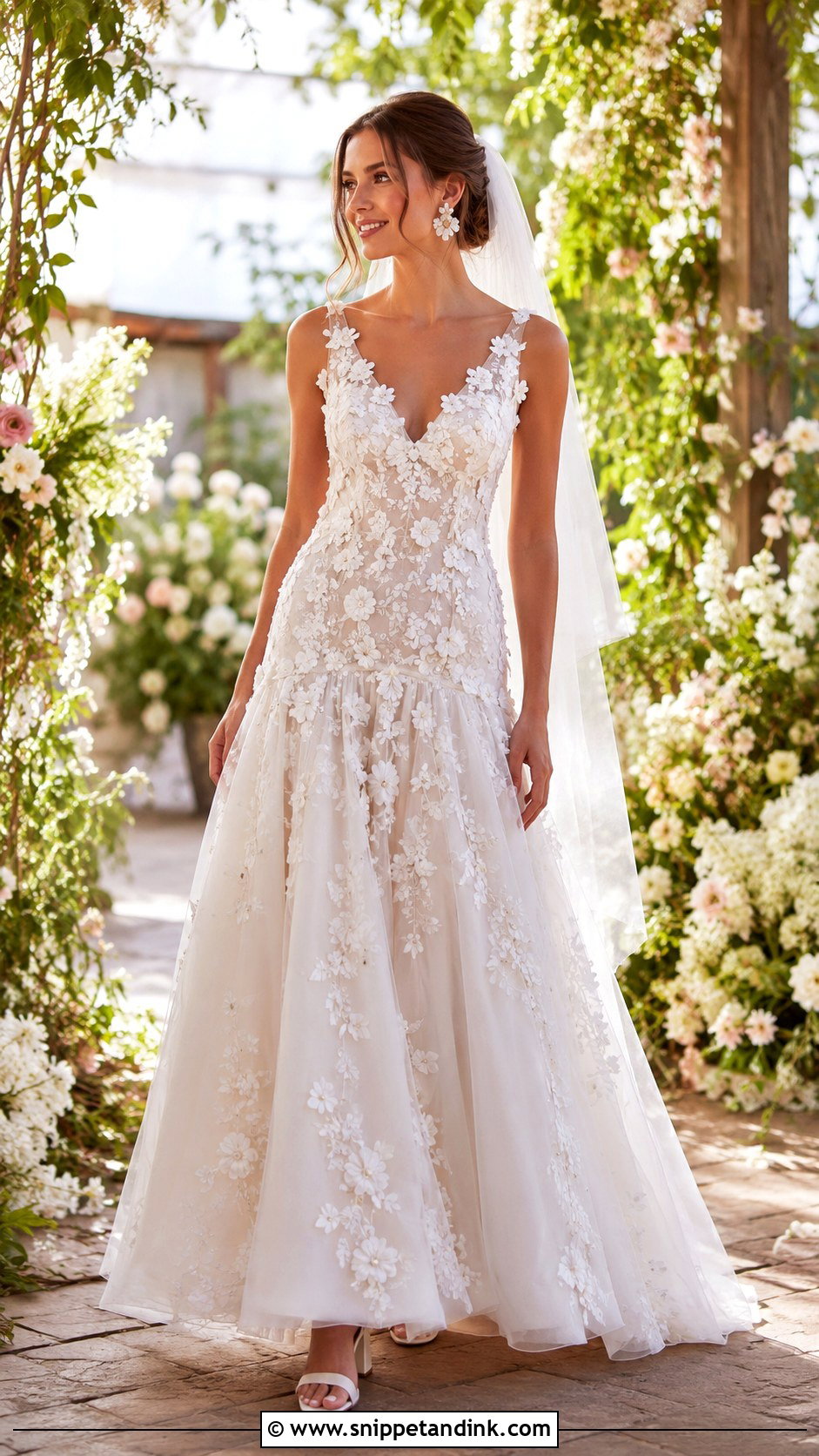 Floral Applique Drop Waist A Line Wedding Dress - Snippet and Ink - 25 Drop Waist a Line Wedding Dress Ideas