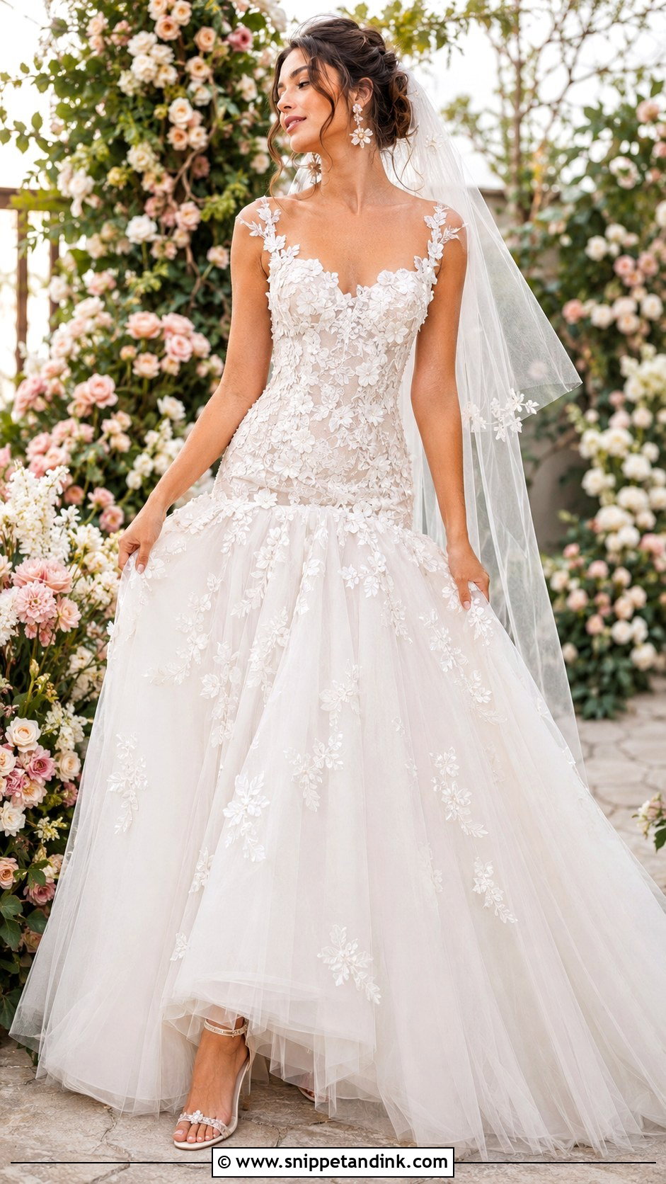 Floral Applique Drop Waist Ball Gown Wedding Dress - Snippet and Ink - 25 Drop Waist Wedding Dress Ball Gown Ideas