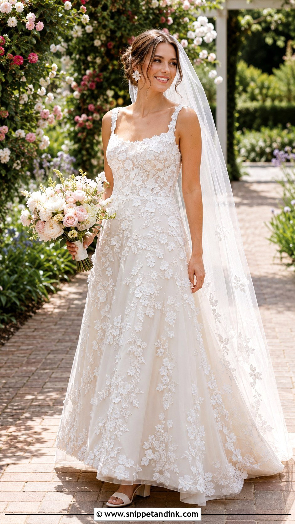 Floral Applique Drop Waist Dress With Garden Veil - Snippet and Ink - 20 Low Waist Wedding Dresses