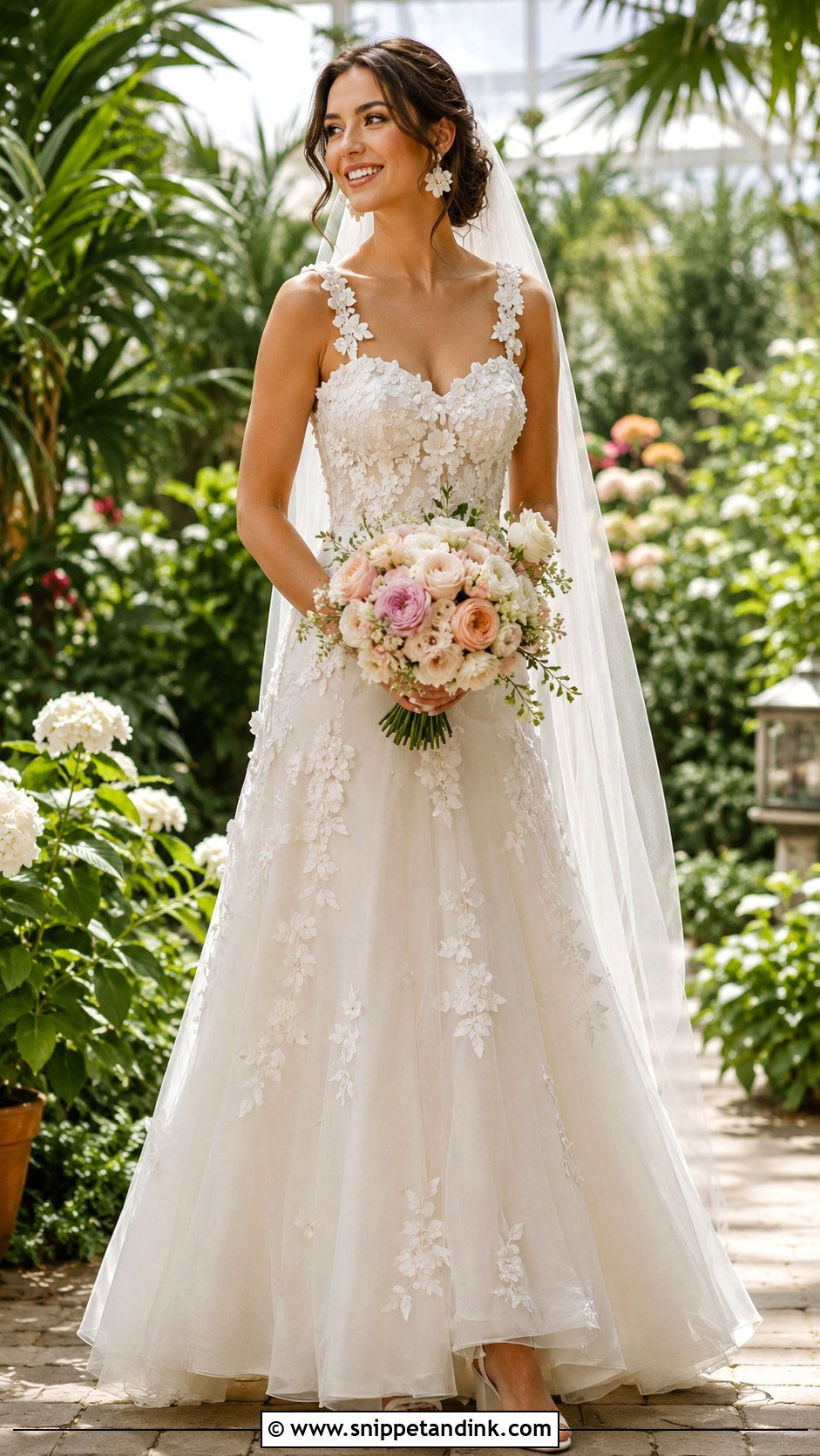 Floral Applique Fit And Flare Wedding Dress With Garden Bouquet - Snippet and Ink - 20 Flare Wedding Dress Ideas