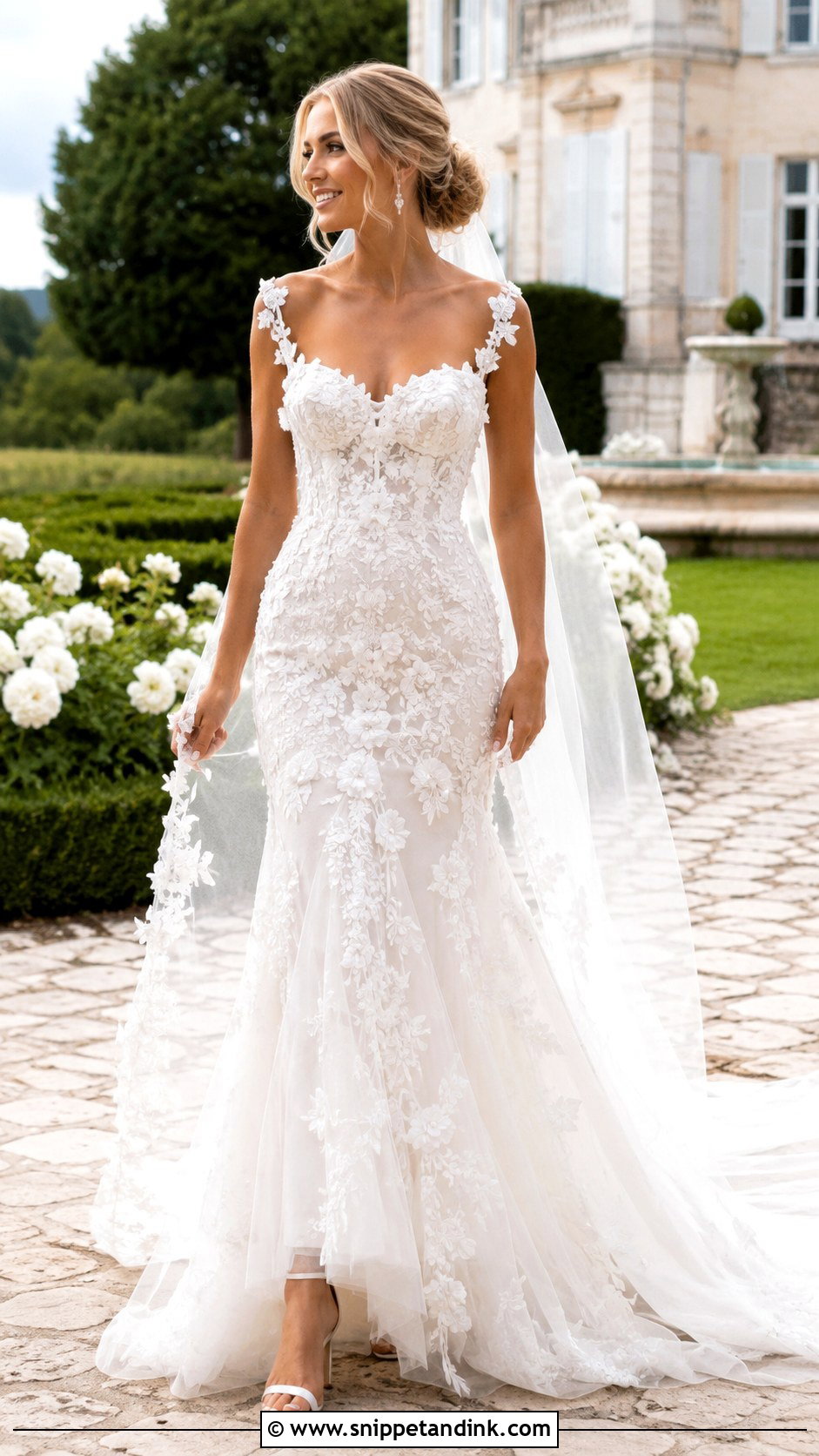 Floral Applique Fitted Wedding Gown - Snippet and Ink - 20 Fitted Wedding Gown Ideas