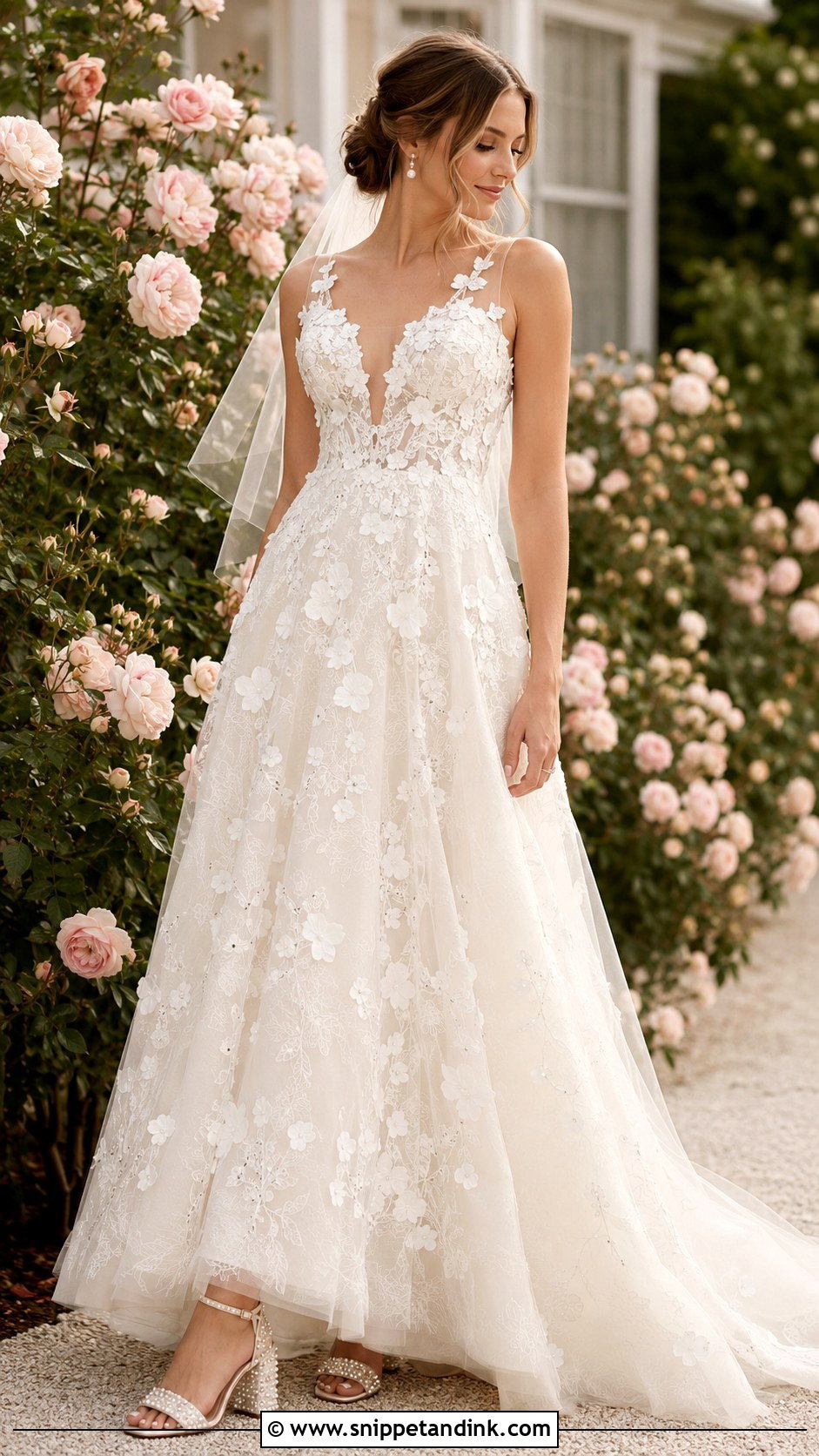 Floral Applique Garden Party Wedding Dress With Pearl Heels - Snippet and Ink - 20 Garden Party Wedding Dress the Bride Ideas