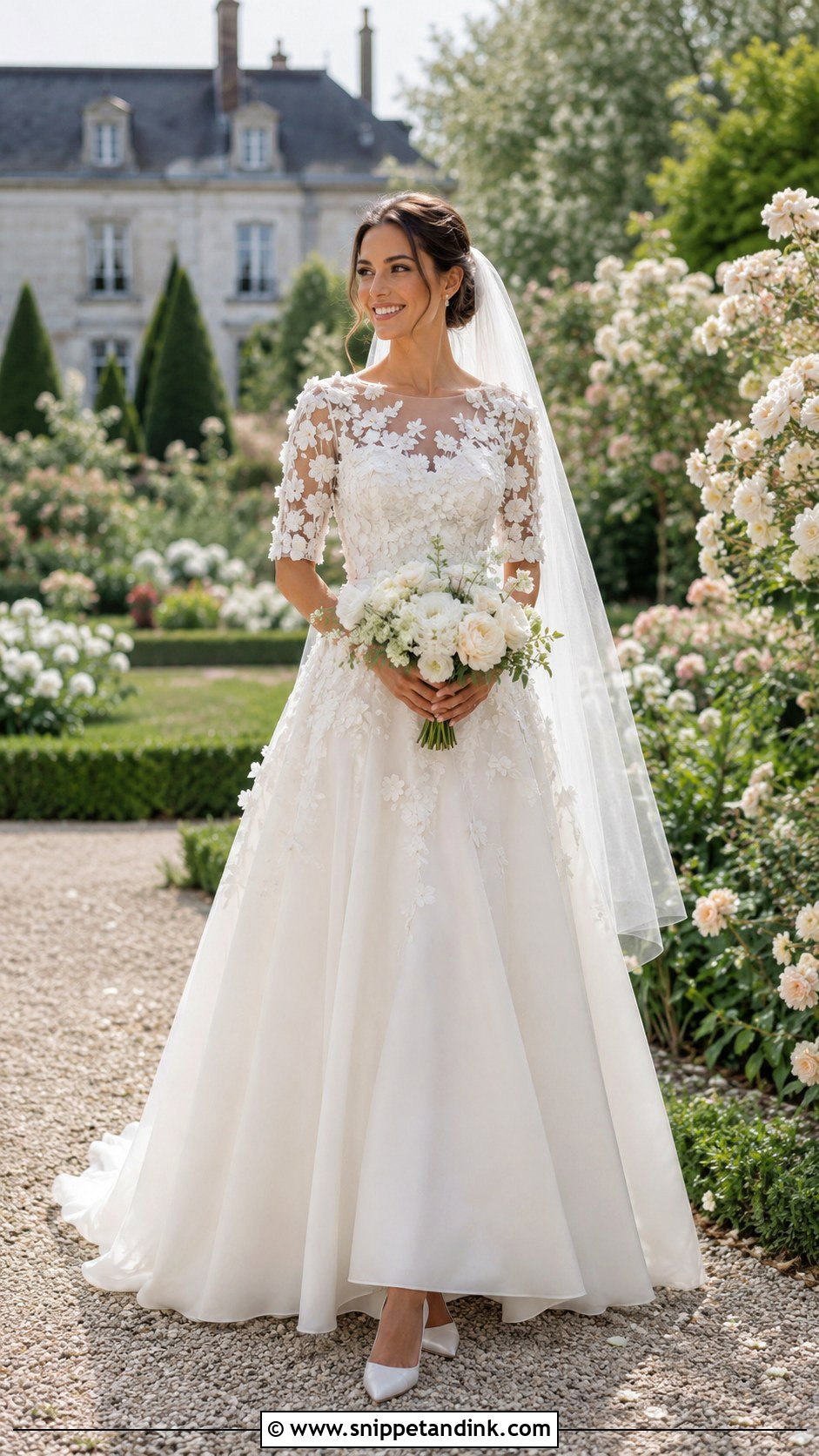 Floral Applique Half Sleeve Wedding Dress - Snippet and Ink - 20 Half Sleeve Wedding Dress Ideas