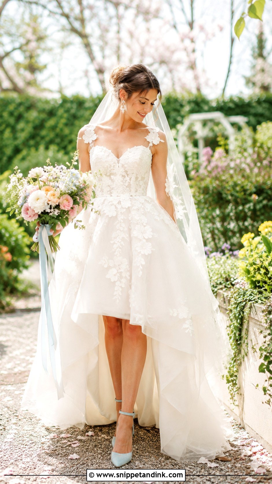 Floral Applique Hi Low Wedding Dress With Pastel Heels - Snippet and Ink - 20 Hi Low Wedding Dress Ideas