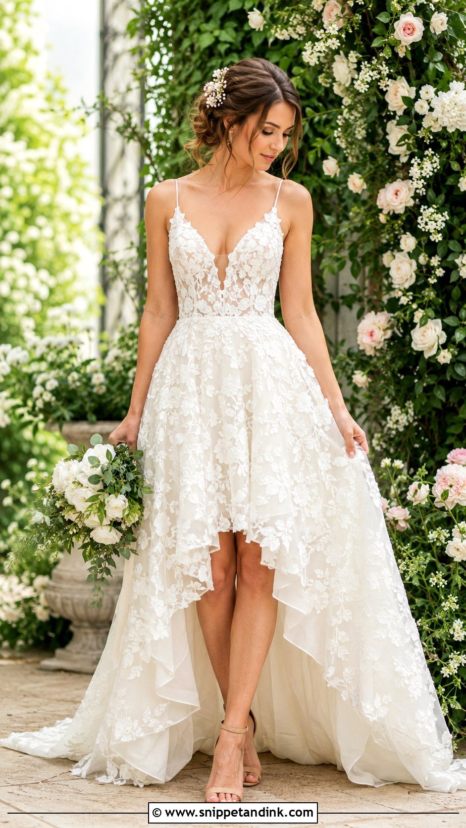 Floral Applique High Low Wedding Dress With Nude Heels - Snippet and Ink - 25 High Low Wedding Dress Ideas