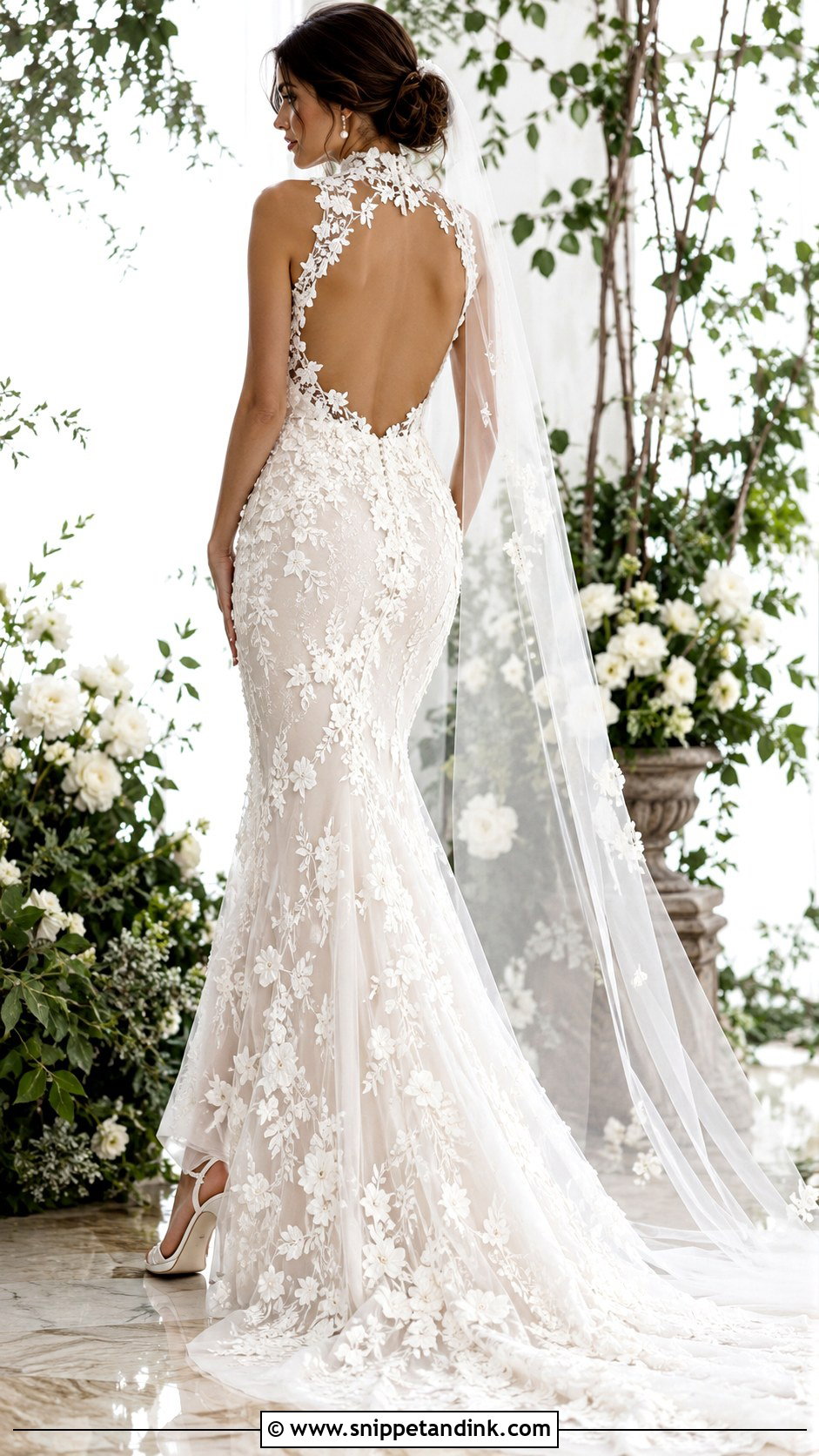 Floral Applique High Neck Open Back Wedding Dress - Snippet and Ink - 20 High Neck Open Back Wedding Dress Ideas