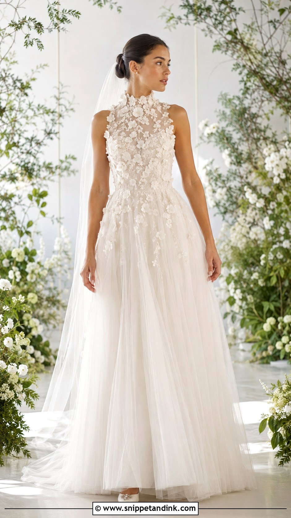 Floral Applique High Neck Wedding Gown - Snippet and Ink - 20 High Neck Wedding Gown Ideas