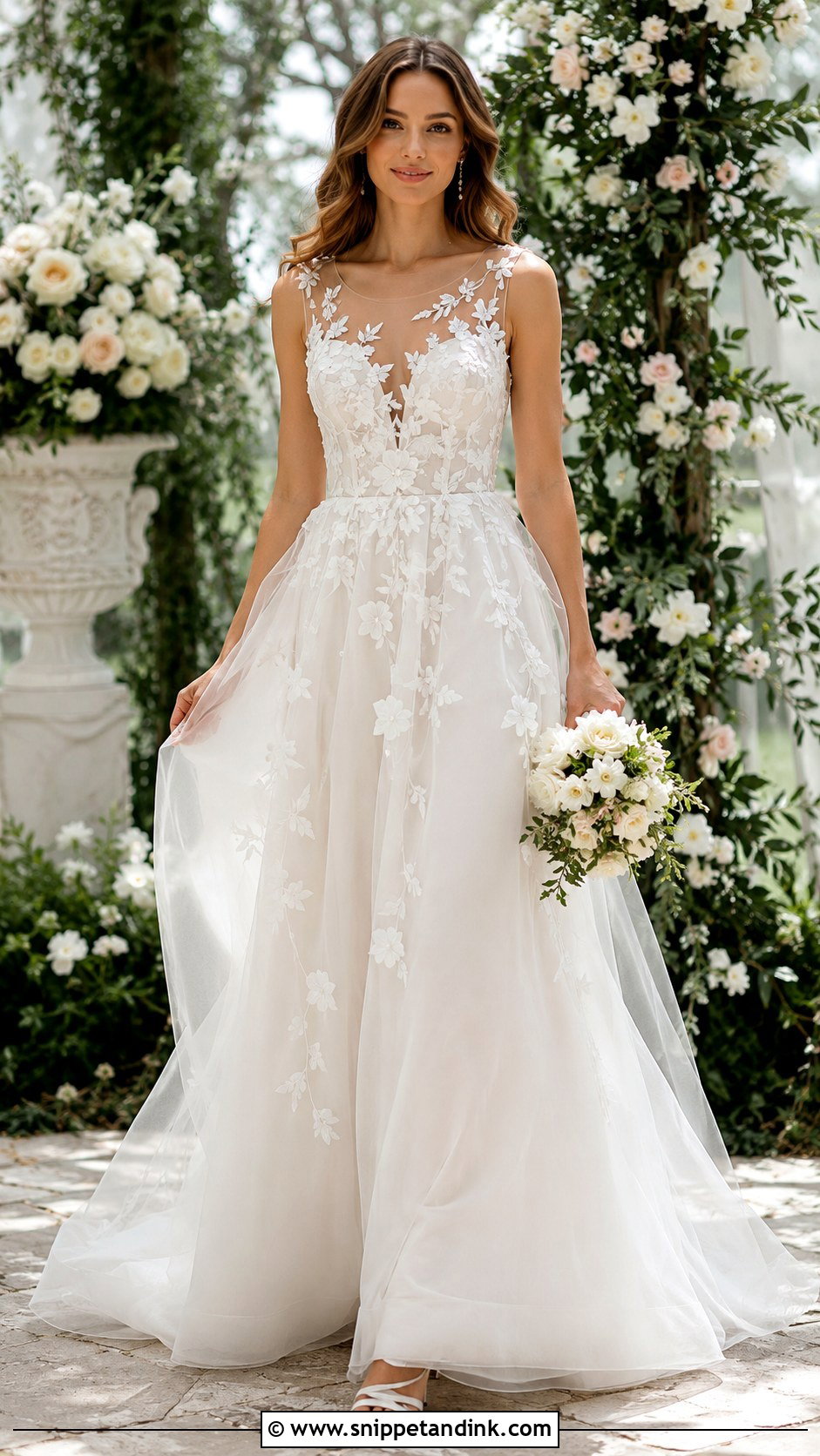 Floral Applique Illusion Wedding Dress - Snippet and Ink - 25 Illusion Neckline Wedding Dress Ideas