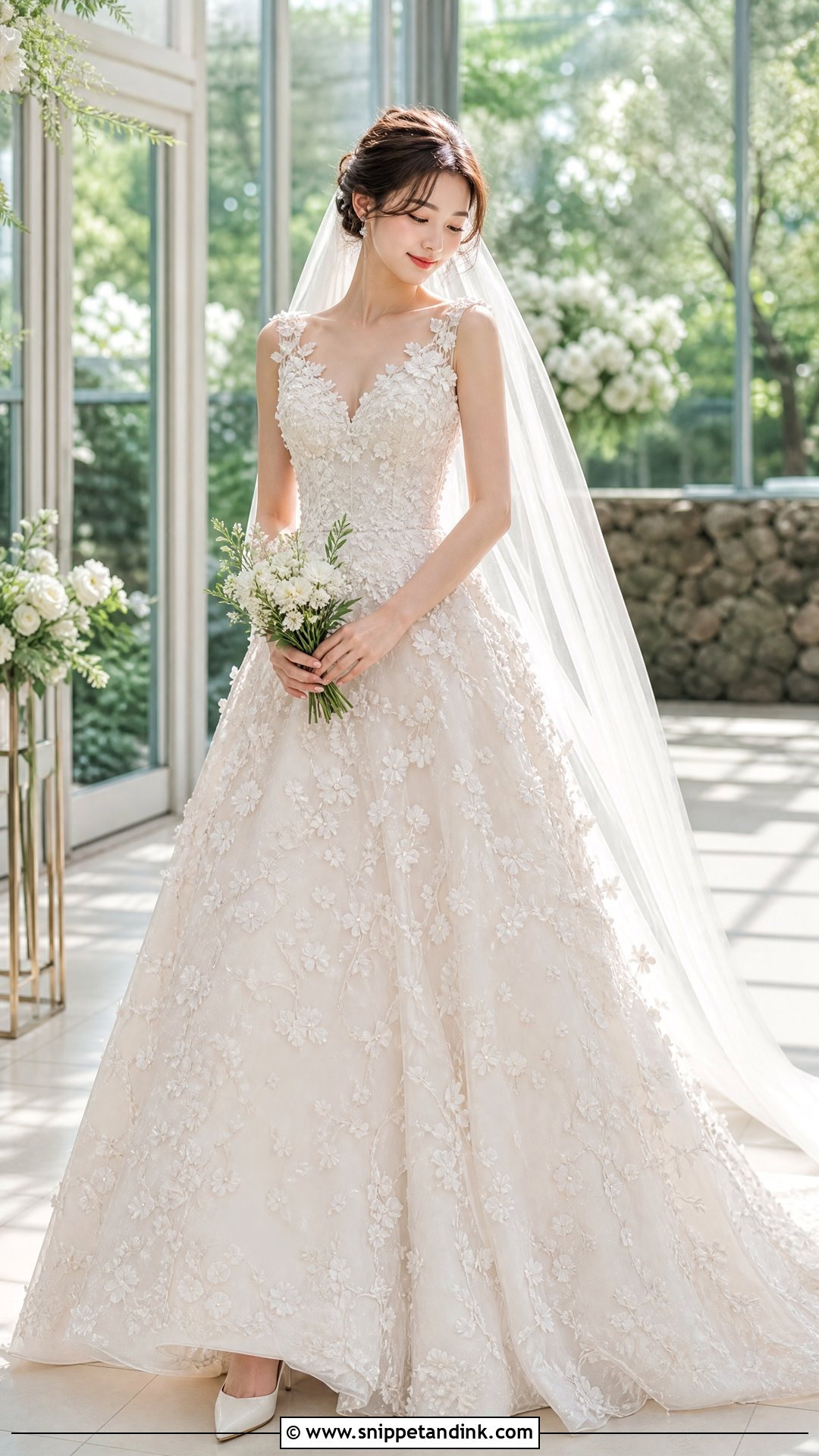Floral Applique Kdrama Wedding Dress - Snippet and Ink - 20 Kdrama Wedding Dress Ideas