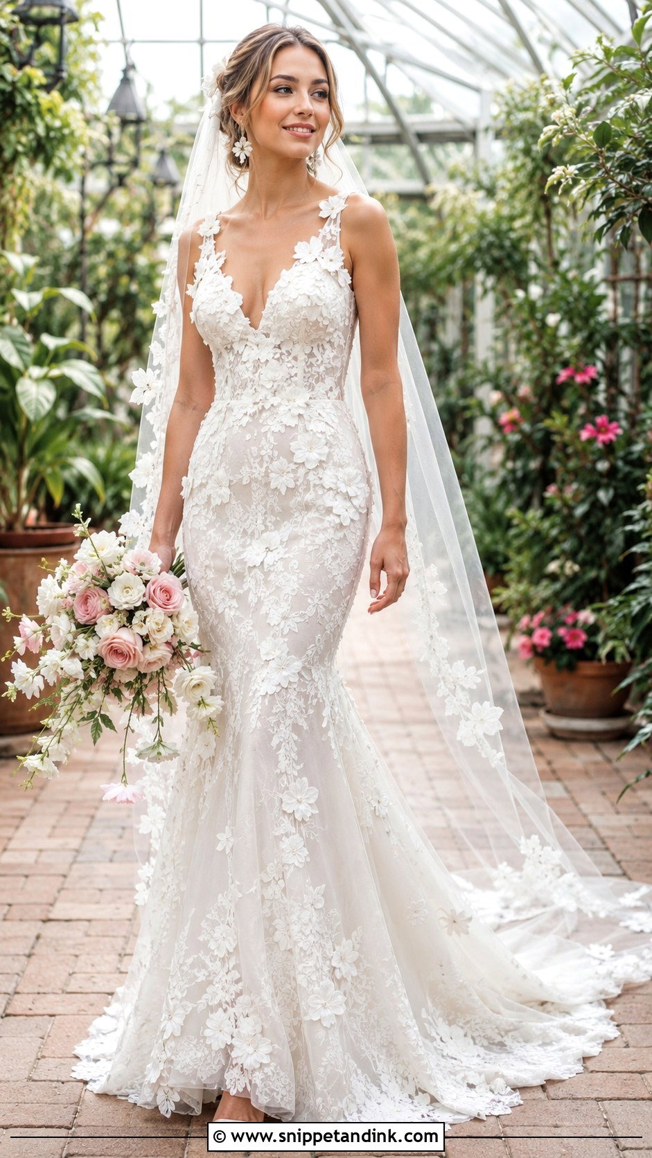 Floral Applique Lace Fit and Flare Wedding Dress - Snippet and Ink - 20 Lace Fit and Flare Wedding Dress Ideas