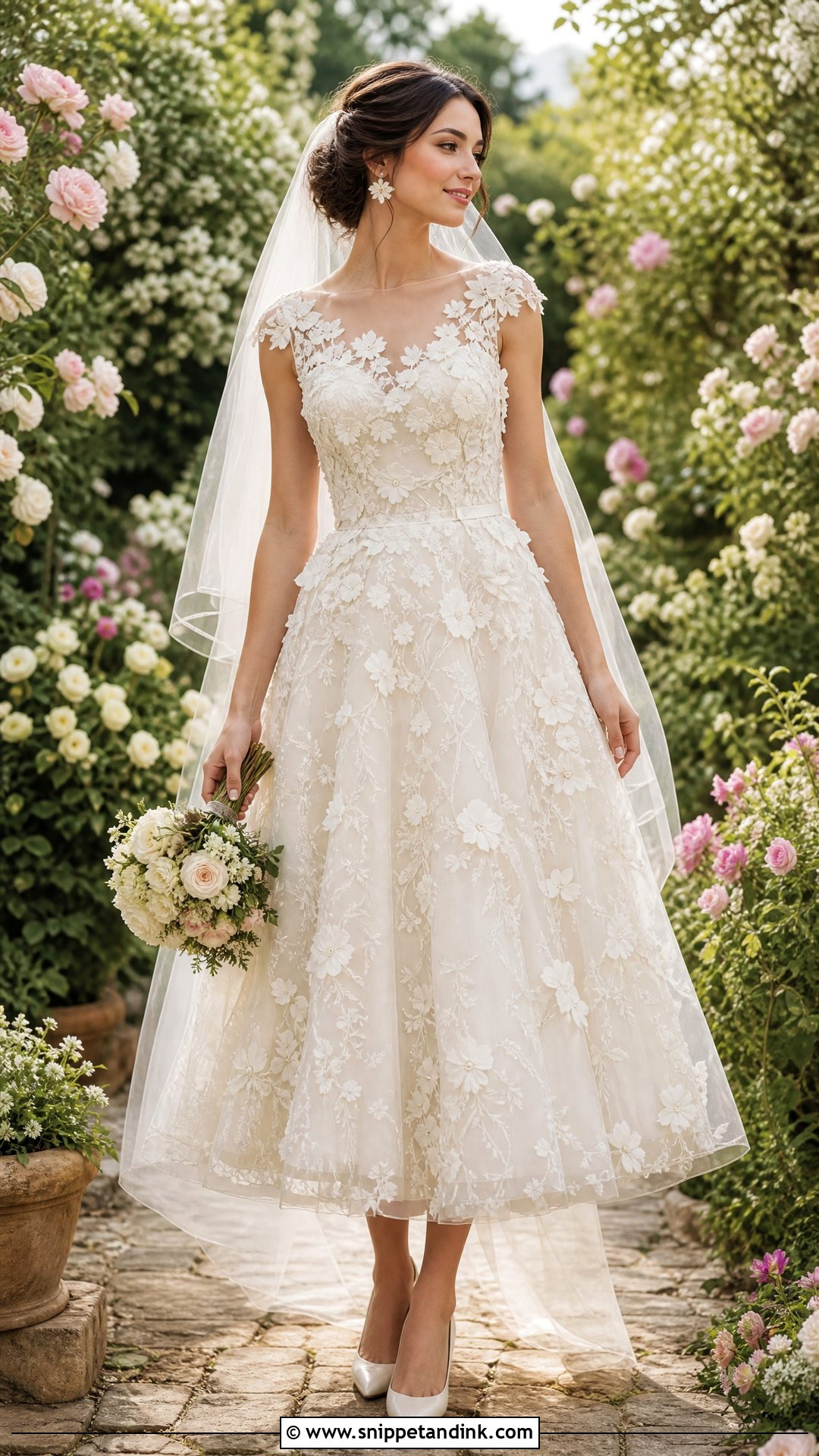 Floral Applique Lace Tea Length Wedding Dress - Snippet and Ink - 20 Tea Length Wedding Dresses Lace