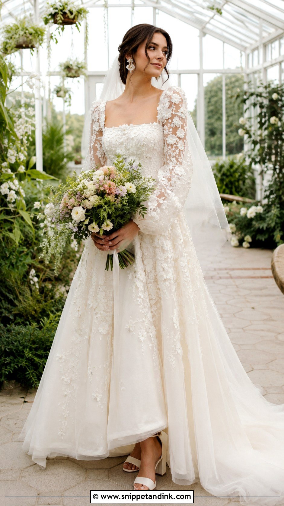 Floral Applique Long Puff Sleeve Wedding Dress - Snippet and Ink - 20 Long Puff Sleeve Wedding Dress Ideas