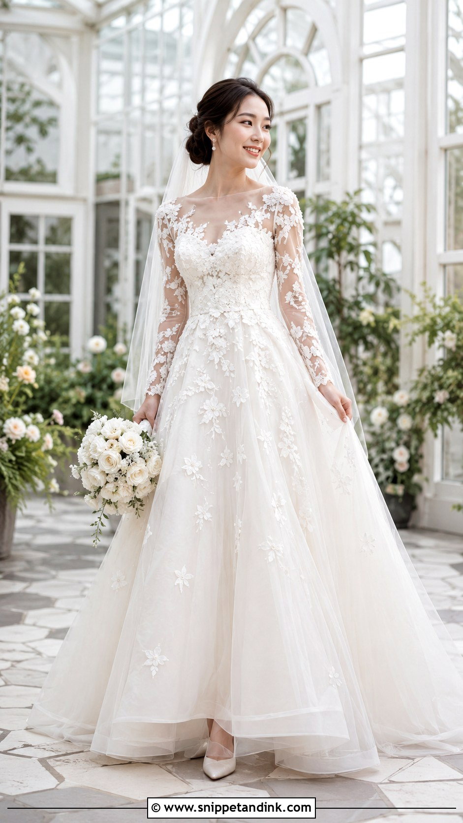 Floral Applique Long Sleeve A Line Wedding Dress - Snippet and Ink - 20 Long Sleeve a Line Wedding Dress Ideas