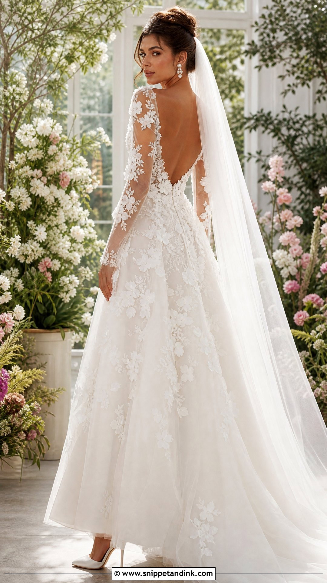 Floral Applique Long Sleeve Backless Wedding Dress - Snippet and Ink - 25 Long Sleeve Backless Wedding Dress Ideas