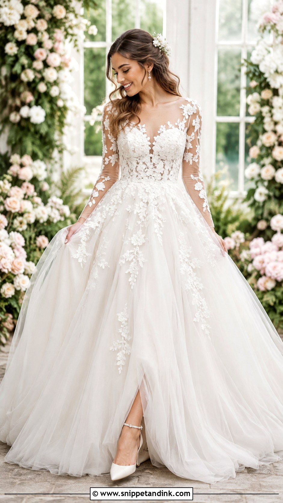 Floral Applique Long Sleeve Ball Gown Wedding Dress - Snippet and Ink - 25 Long Sleeve Ball Gown Wedding Dress Ideas