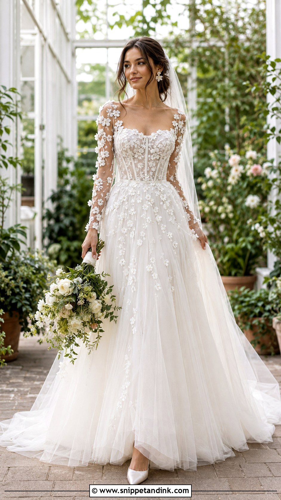 Floral Applique Long Sleeve Basque Waist Wedding Dress - Snippet and Ink - 20 Long Sleeve Basque Waist Wedding Dress Ideas