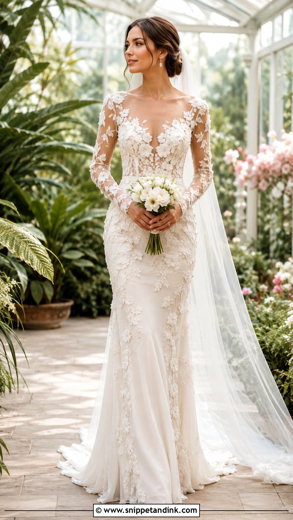 Floral Applique Long Sleeve Fitted Wedding Dress - Snippet and Ink - 20 Long Sleeve Fitted Wedding Dress Ideas