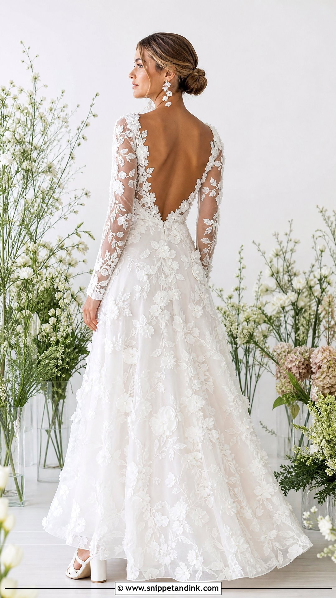 Floral Applique Long Sleeve Open Back Wedding Dress - Snippet and Ink - 25 Long Sleeve Open Back Wedding Dress Ideas
