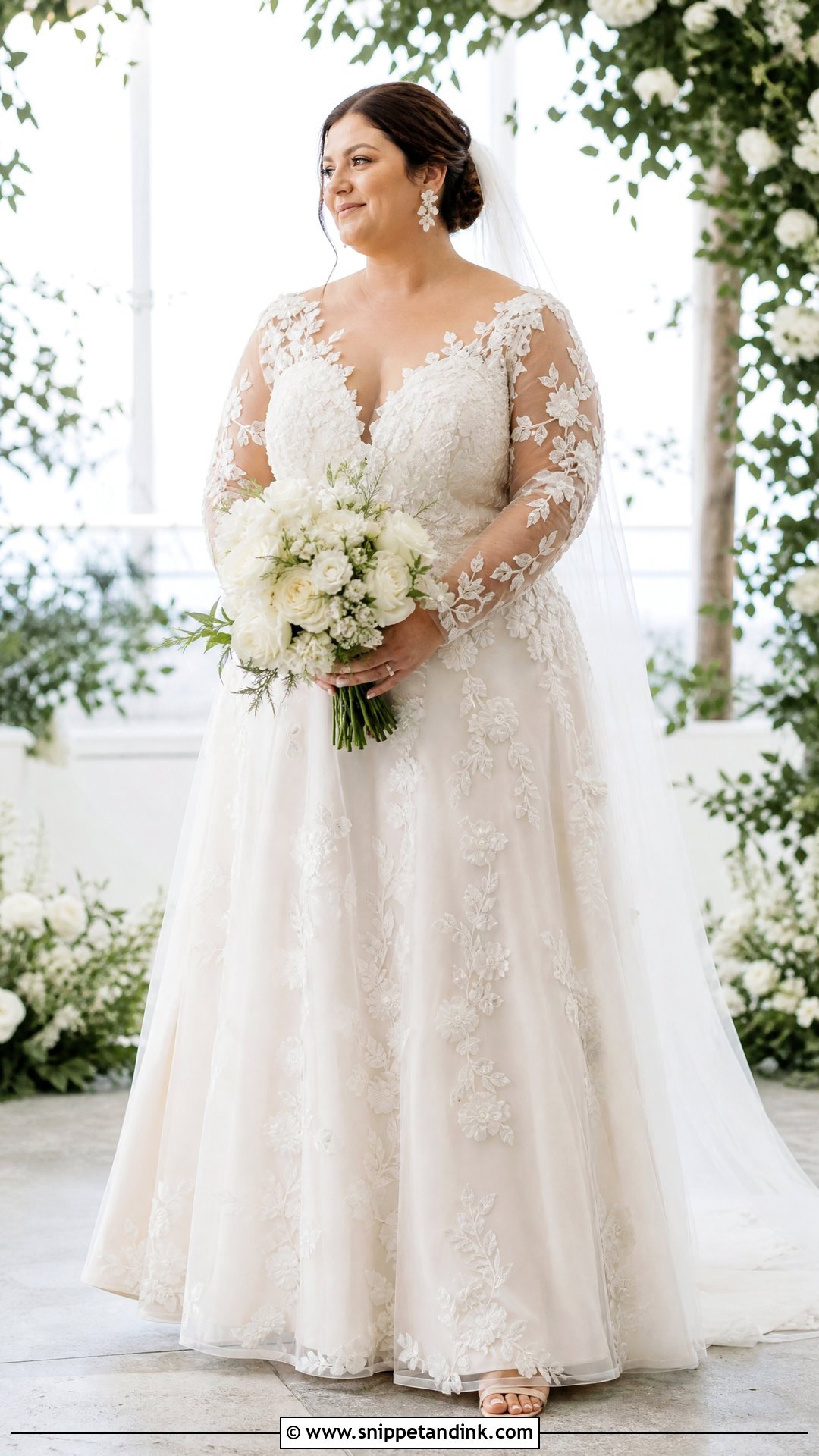 Floral Applique Long Sleeve Plus Size Wedding Gown - Snippet and Ink - 20 Plus Size Wedding Gowns with Sleeves