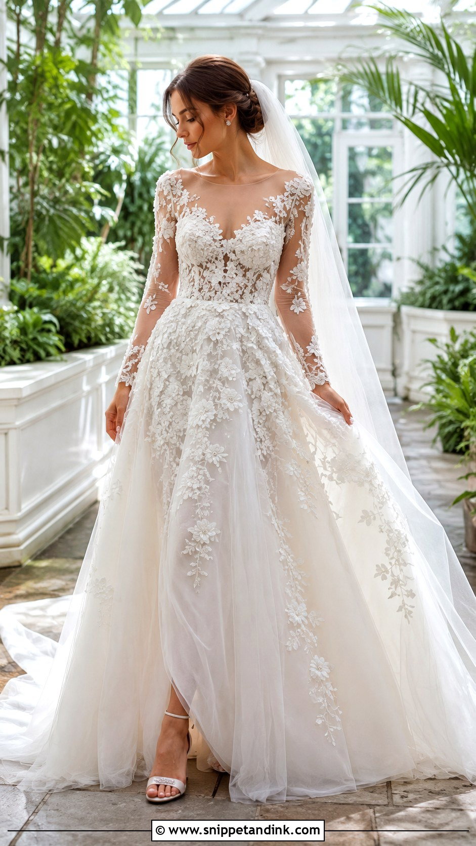 Floral Applique Long Sleeve Tulle Wedding Dress - Snippet and Ink - 20 Long Sleeve Flowy Wedding Dress Ideas