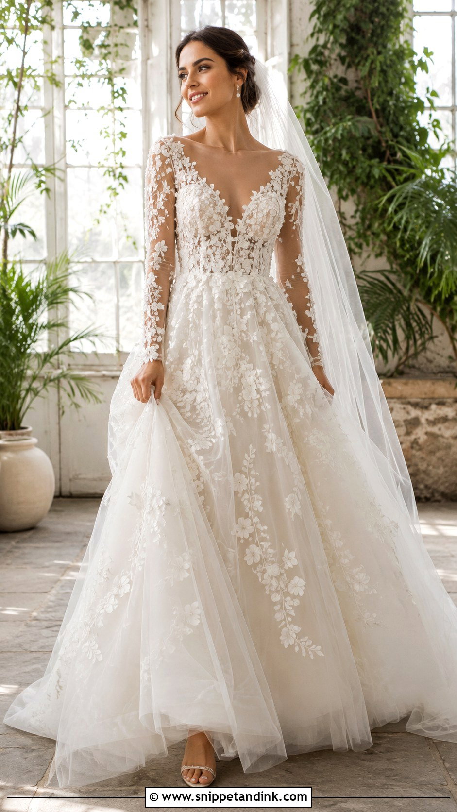 Floral Applique Long Sleeve V Neck Wedding Dress - Snippet and Ink - 20 Long Sleeve V Neck Wedding Dress Ideas