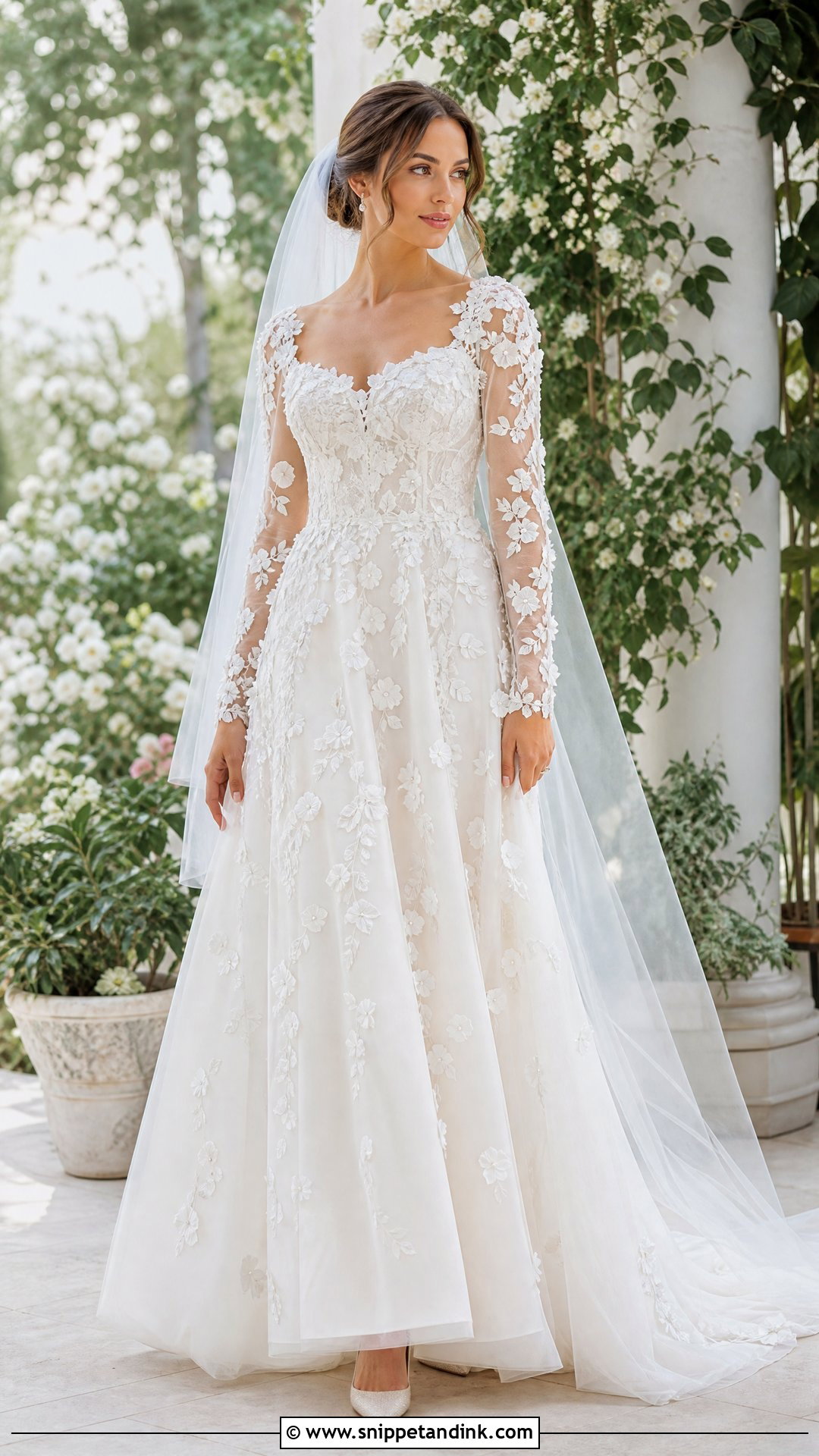 Floral Applique Long Sleeve Wedding Dress - Snippet and Ink - 25 Romantic Long Sleeve Wedding Dress Ideas