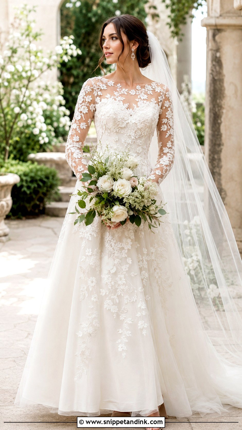 Floral Applique Long Sleeve Wedding Dress - Snippet and Ink - 20 Classic Long Sleeve Wedding Dress Ideas
