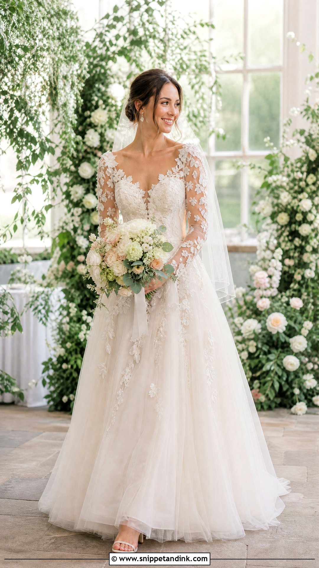 Floral Applique Long Sleeve Wedding Dress - Snippet and Ink - 20 Timeless Wedding Dress Long Sleeve Ideas