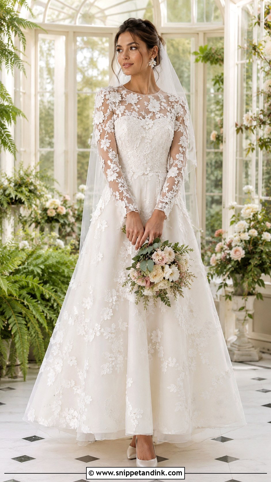 Floral Applique Long Sleeve Wedding Dress - Snippet and Ink - 20 Modest Long Sleeve Wedding Dress Ideas